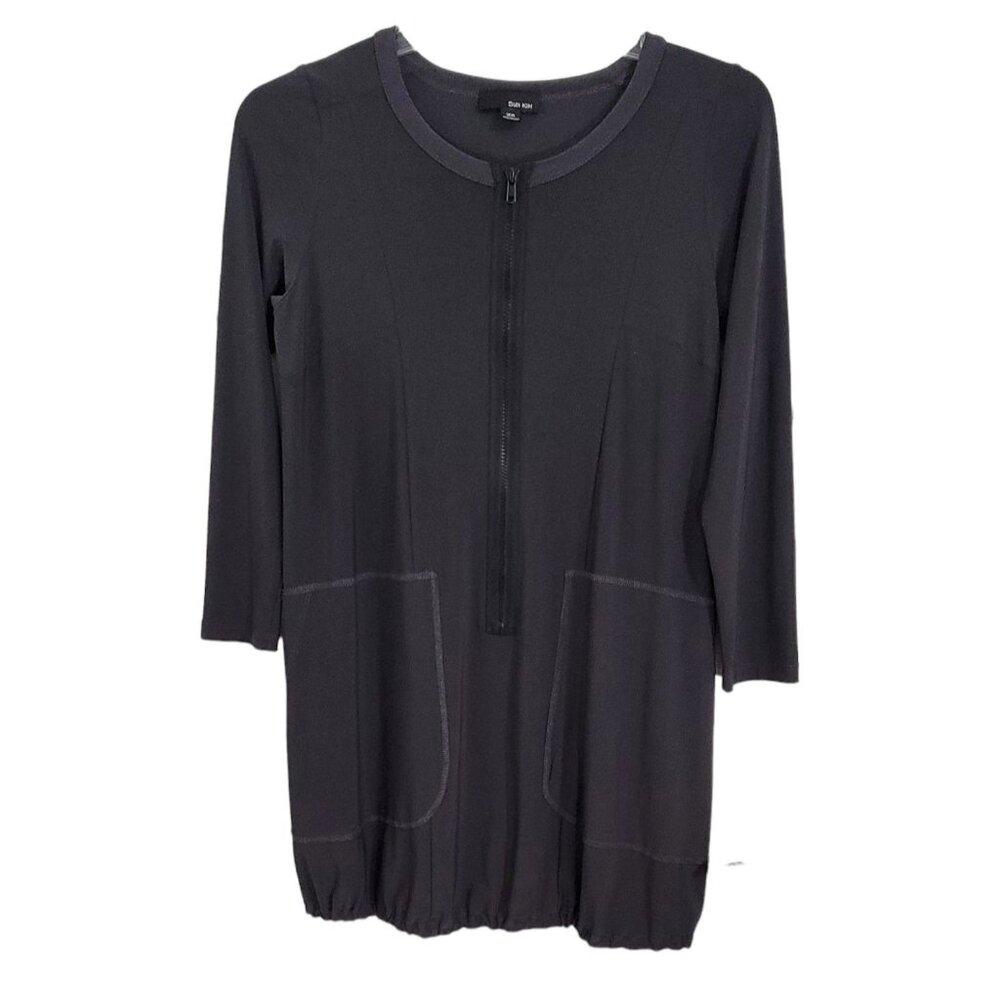 Sun Kim Womens Black Long Sleeve Shirt Dress Half Zip Up Bubble Hem Size XS